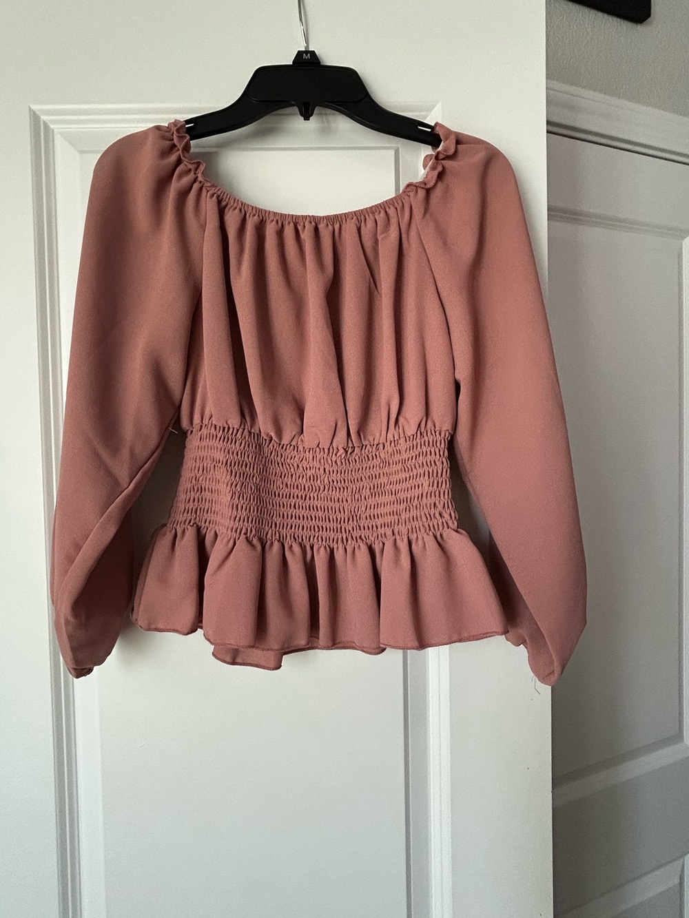 SHEIN Rose Pink Smocked Peplum Long Sleeve Blouse